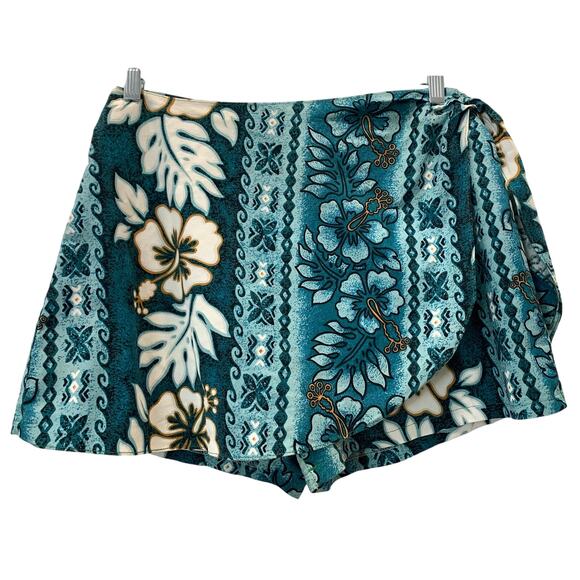 Vintage 80s 90s Hawaiian Skort | Teal Blue Tropical Floral Print made Hawaii - Picture 6 of 8